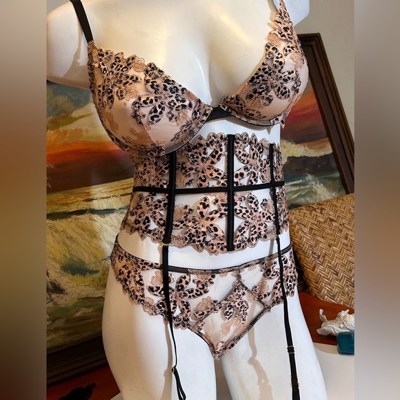 3pc Victoria’s Secret Very Sexy Sheer Leopard Bra‎ Waist Cincher Garter & Thong - Picture 6 of 17